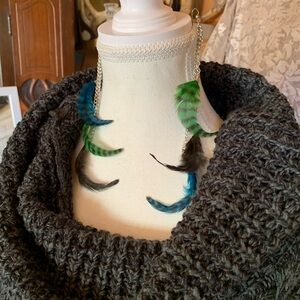 Handmade feather chain Colorful Earrings Boho Funky Unique Green Blue Dangly lon